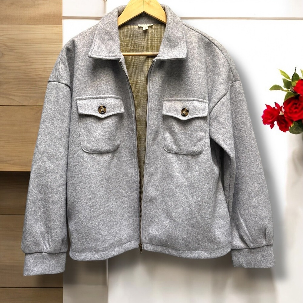 Oversized Gray Tweed Shirt Jacket‎ Women's Relaxed Fit Casual Coat Warm
